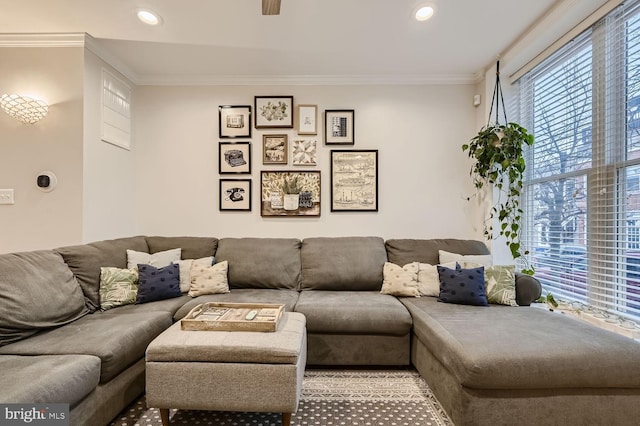 living room featuring crown molding