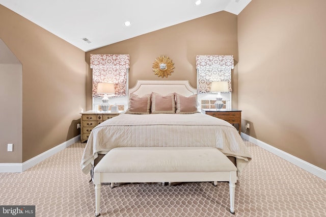 bedroom with lofted ceiling, carpet, baseboards, and recessed lighting