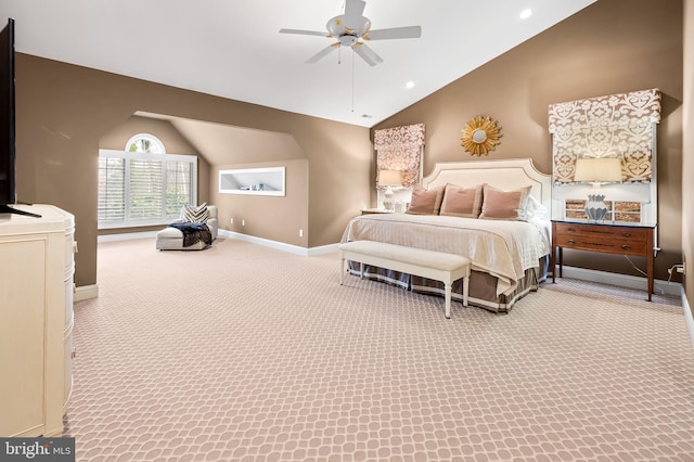 carpeted bedroom featuring lofted ceiling, ceiling fan, baseboards, and recessed lighting