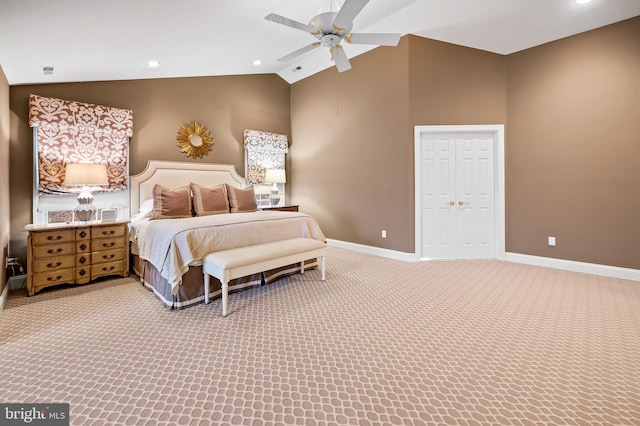 carpeted bedroom with lofted ceiling, baseboards, a ceiling fan, and recessed lighting