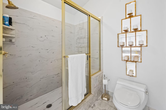 full bathroom with toilet, marble finish floor, and a marble finish shower