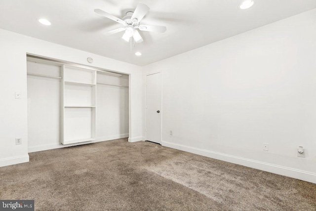 unfurnished bedroom with carpet floors, baseboards, a ceiling fan, and recessed lighting