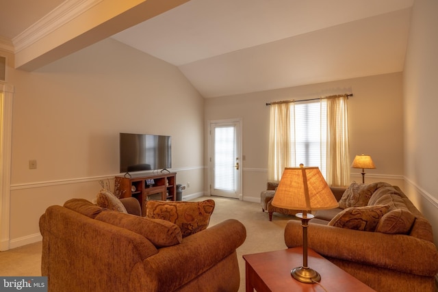 living room featuring light carpet and vaulted ceiling