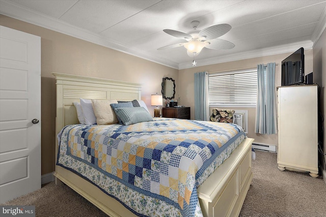 carpeted bedroom featuring crown molding, a baseboard radiator, and ceiling fan