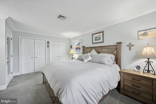 bedroom featuring crown molding, multiple closets, and carpet flooring