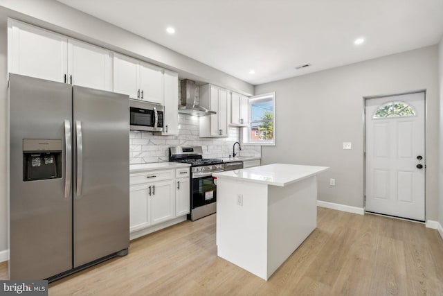 kitchen with sink, white cabinetry, a kitchen island, stainless steel appliances, and wall chimney range hood