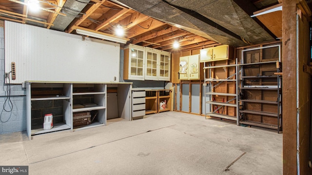 basement with a workshop area