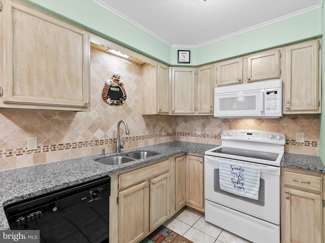 kitchen featuring sink, crown molding, tasteful backsplash, light tile patterned floors, and white appliances