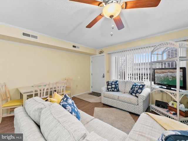 living room featuring ceiling fan, wood-type flooring, and a textured ceiling