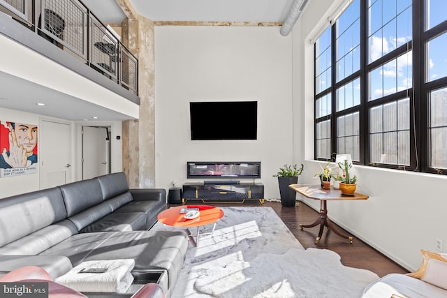 living room featuring a high ceiling and dark wood-type flooring