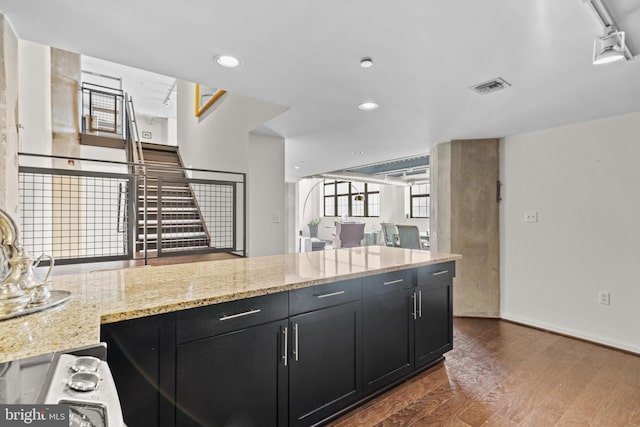 kitchen with dark wood-type flooring and light stone countertops