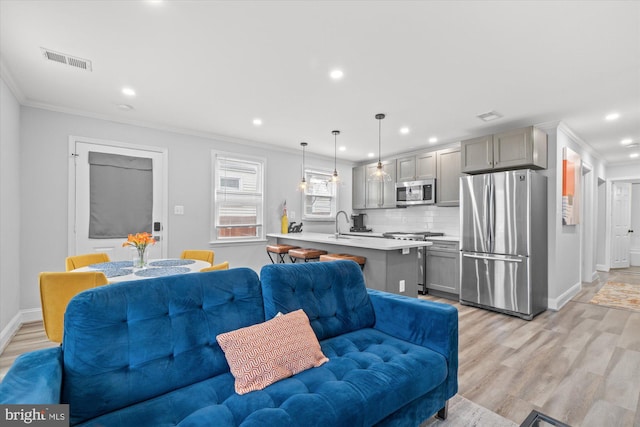 living room featuring sink, ornamental molding, and light hardwood / wood-style floors