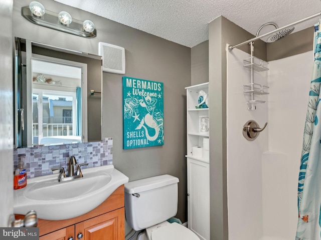 full bathroom with a textured ceiling, decorative backsplash, vanity, and a shower with curtain