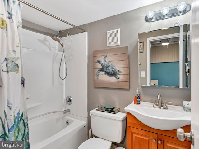 full bathroom featuring toilet, shower / bathtub combination with curtain, visible vents, and vanity