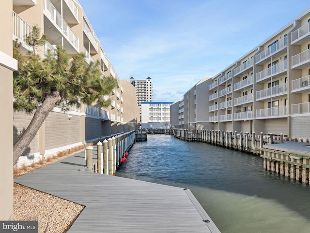 view of dock with a water view