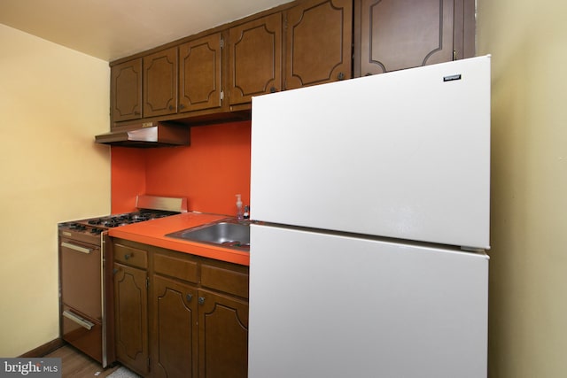 kitchen featuring sink, gas stove, and white fridge