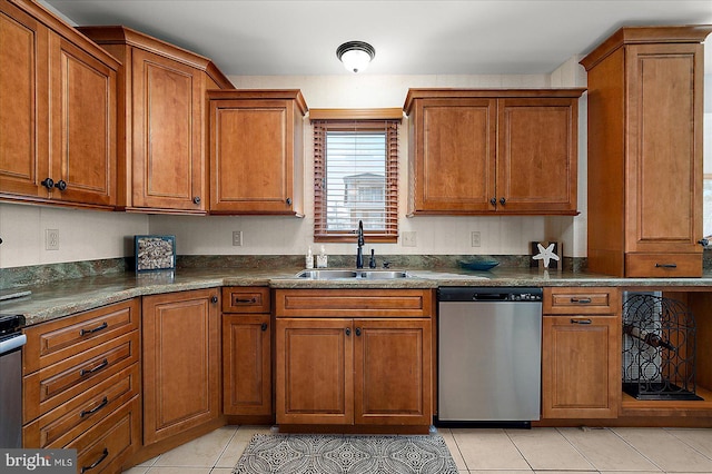 kitchen featuring a sink, dark countertops, brown cabinets, and stainless steel dishwasher