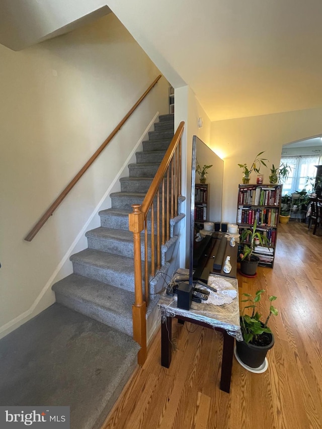 staircase with hardwood / wood-style floors