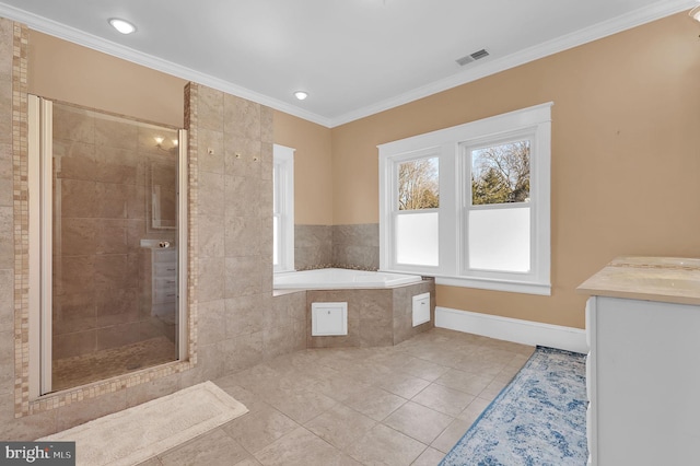 bathroom with vanity, shower with separate bathtub, crown molding, and tile patterned floors