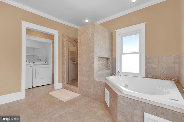 bathroom with crown molding, independent shower and bath, tile patterned floors, and separate washer and dryer