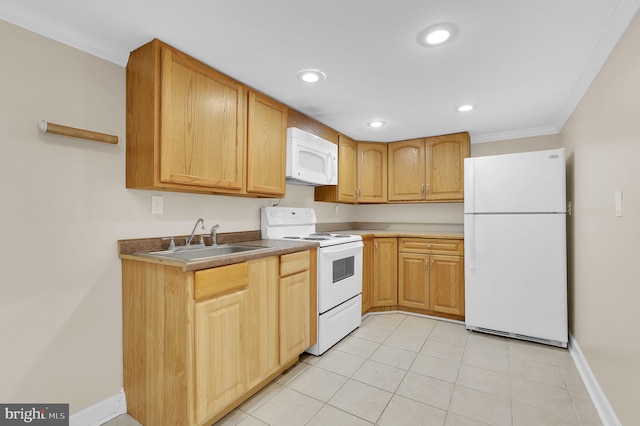 kitchen featuring ornamental molding, sink, white appliances, and light tile patterned flooring