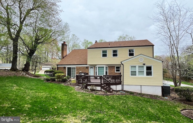 11919 Berrybrook Ter, Upper Marlboro, MD 20772 - rear view of property with a deck, a chimney, a lawn, and brick siding
