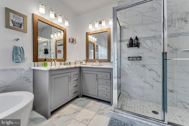 bathroom featuring vanity and plus walk in shower