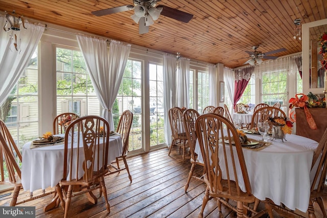 dining area with hardwood / wood-style floors, plenty of natural light, and wooden ceiling