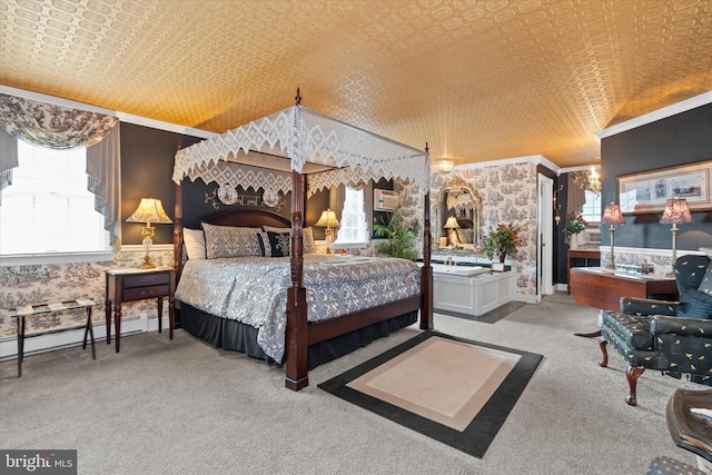 bedroom featuring multiple windows, a notable chandelier, and ornamental molding