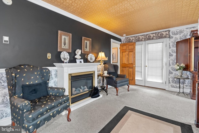 carpeted living room featuring ornamental molding