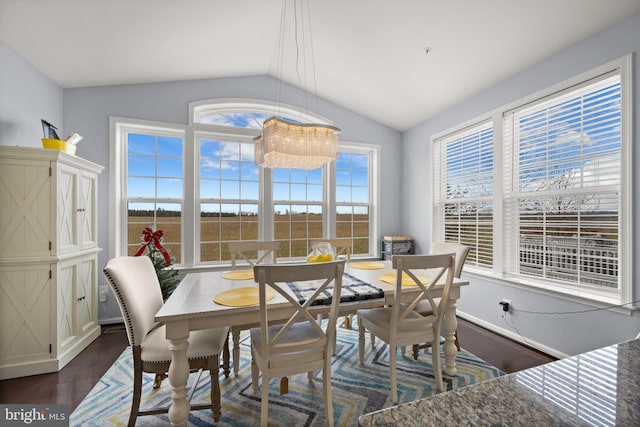 dining room with lofted ceiling and dark hardwood / wood-style floors