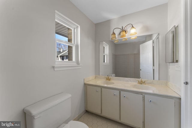 bathroom with vanity, toilet, and tile patterned floors