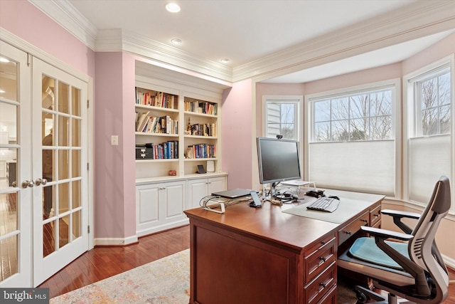 office space with french doors, recessed lighting, wood finished floors, and crown molding