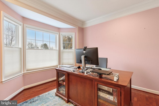 office space featuring ornamental molding, baseboards, and wood finished floors