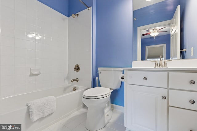 bathroom featuring a ceiling fan, bathing tub / shower combination, toilet, tile patterned floors, and vanity