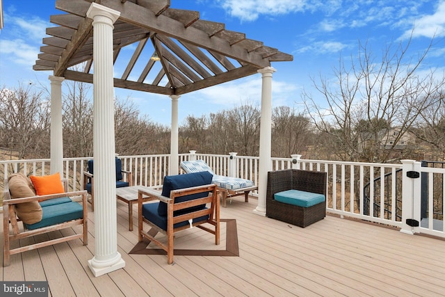 wooden deck featuring an outdoor living space