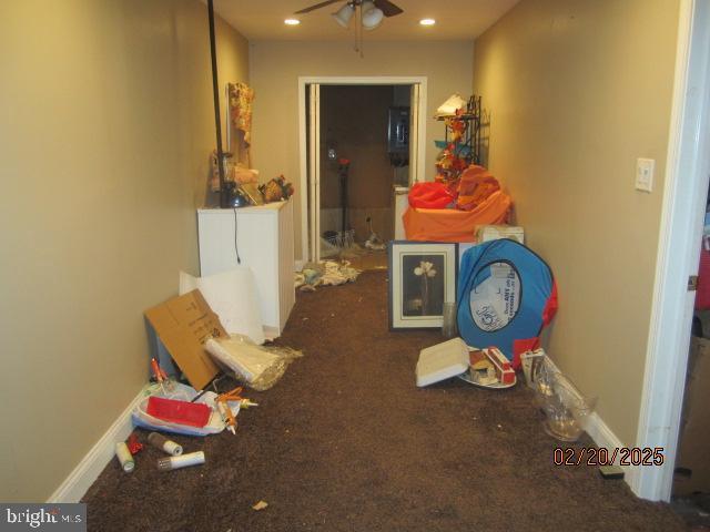 rec room with recessed lighting, a ceiling fan, and baseboards