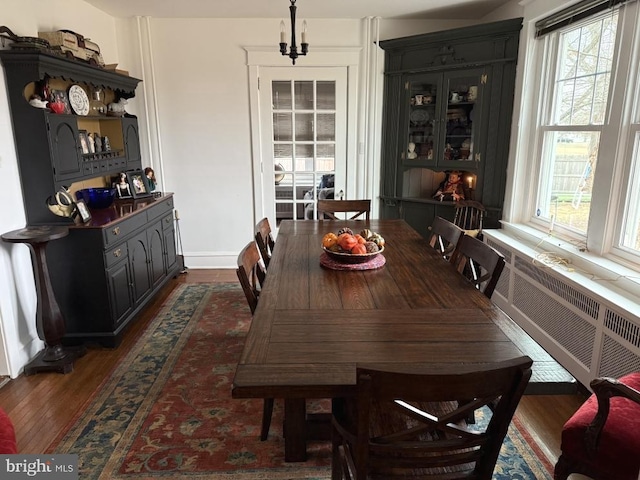 dining area featuring dark wood-type flooring, plenty of natural light, and radiator