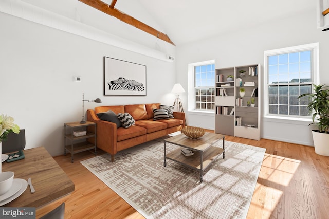 living area featuring light wood-type flooring and lofted ceiling