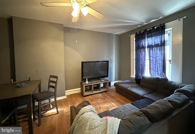 living room with hardwood / wood-style flooring and ceiling fan