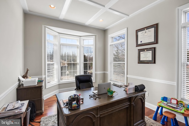 office with dark wood-style floors, recessed lighting, coffered ceiling, and baseboards