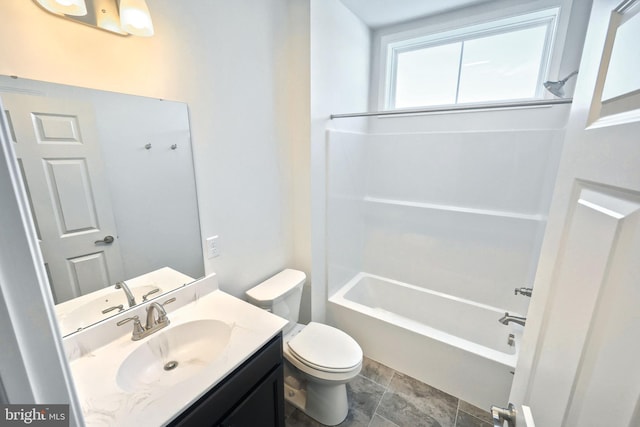 full bathroom with toilet, tub / shower combination, and vanity