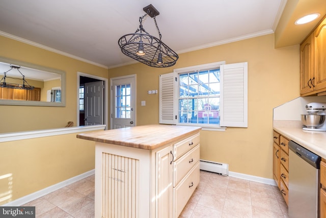 kitchen with a center island, pendant lighting, baseboard heating, stainless steel dishwasher, and butcher block countertops