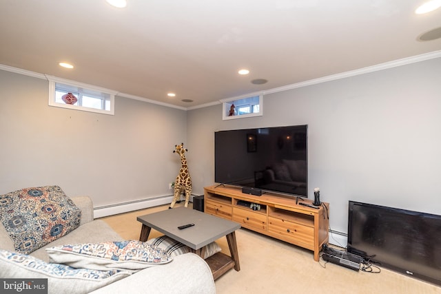 living area with a baseboard heating unit, a healthy amount of sunlight, crown molding, and light colored carpet