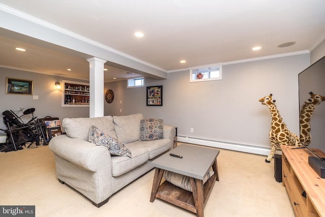 living area with a baseboard heating unit, recessed lighting, light colored carpet, and ornamental molding