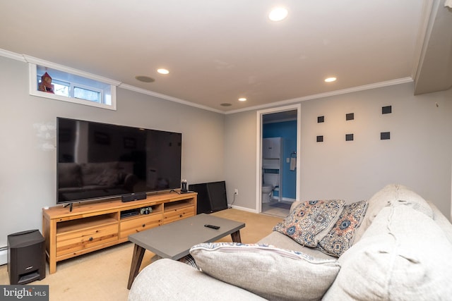 living area with light carpet, recessed lighting, baseboards, and crown molding