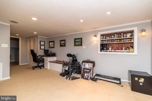 office space featuring light carpet, baseboards, crown molding, and recessed lighting