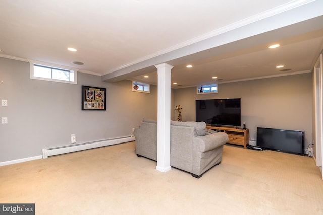 living area featuring a baseboard heating unit, recessed lighting, light colored carpet, and crown molding