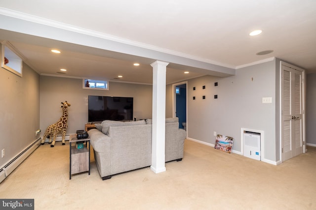 living area featuring crown molding, recessed lighting, light colored carpet, a baseboard heating unit, and baseboards