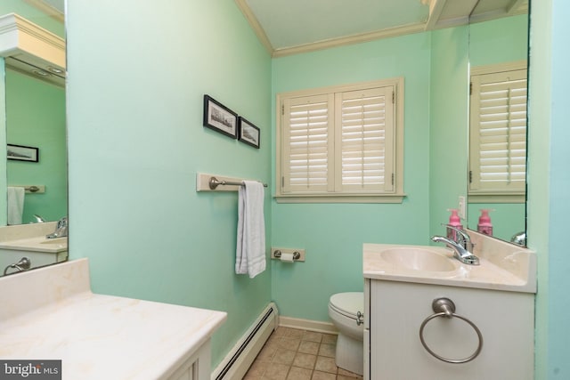 bathroom with toilet, vanity, baseboards, ornamental molding, and baseboard heating